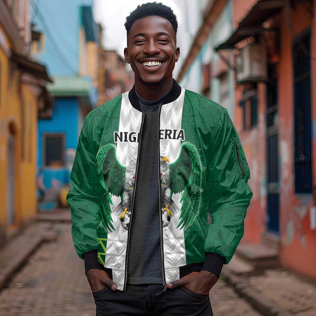 Custom Football African Nigeria Sleeve Zip Bomber Jacket Retro Nigeria 20-21 Eagle Flag Motif - African Pride
