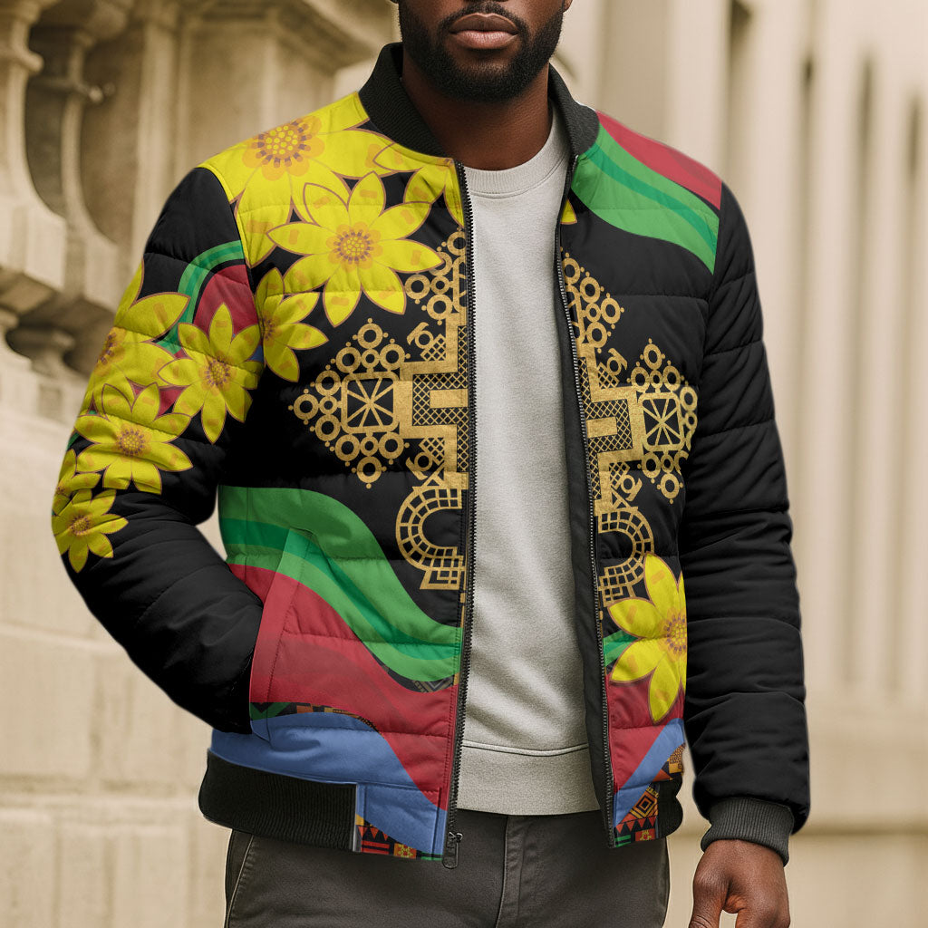 Eritrea Meskel Bomber Puffer Jacket Eritrean Tribal Meskel Daisy Flag Inspired