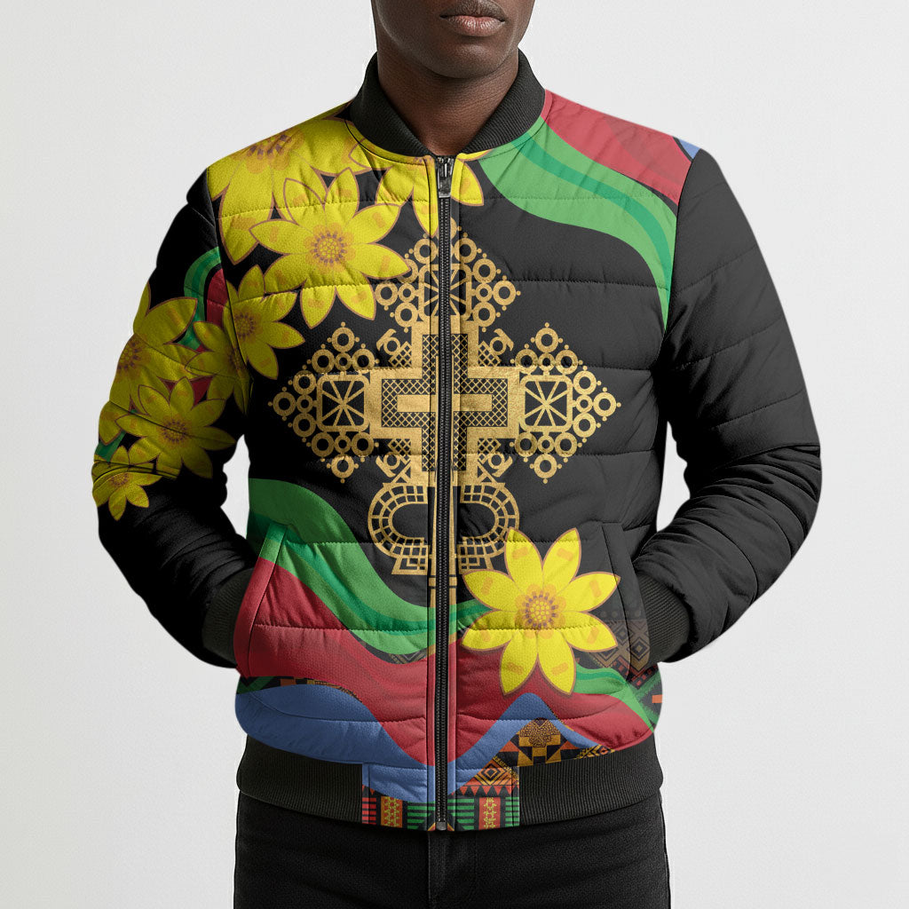 Eritrea Meskel Bomber Puffer Jacket Eritrean Tribal Meskel Daisy Flag Inspired