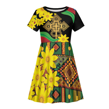 Eritrea Meskel Kid Short Sleeve Dress Eritrean Tribal Meskel Daisy Flag Inspired