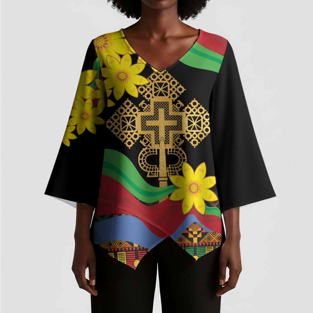 Eritrea Meskel Kimono Sleeve Blouse Eritrean Tribal Meskel Daisy Flag Inspired