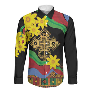 Eritrea Meskel Long Sleeve Button Shirt Eritrean Tribal Meskel Daisy Flag Inspired
