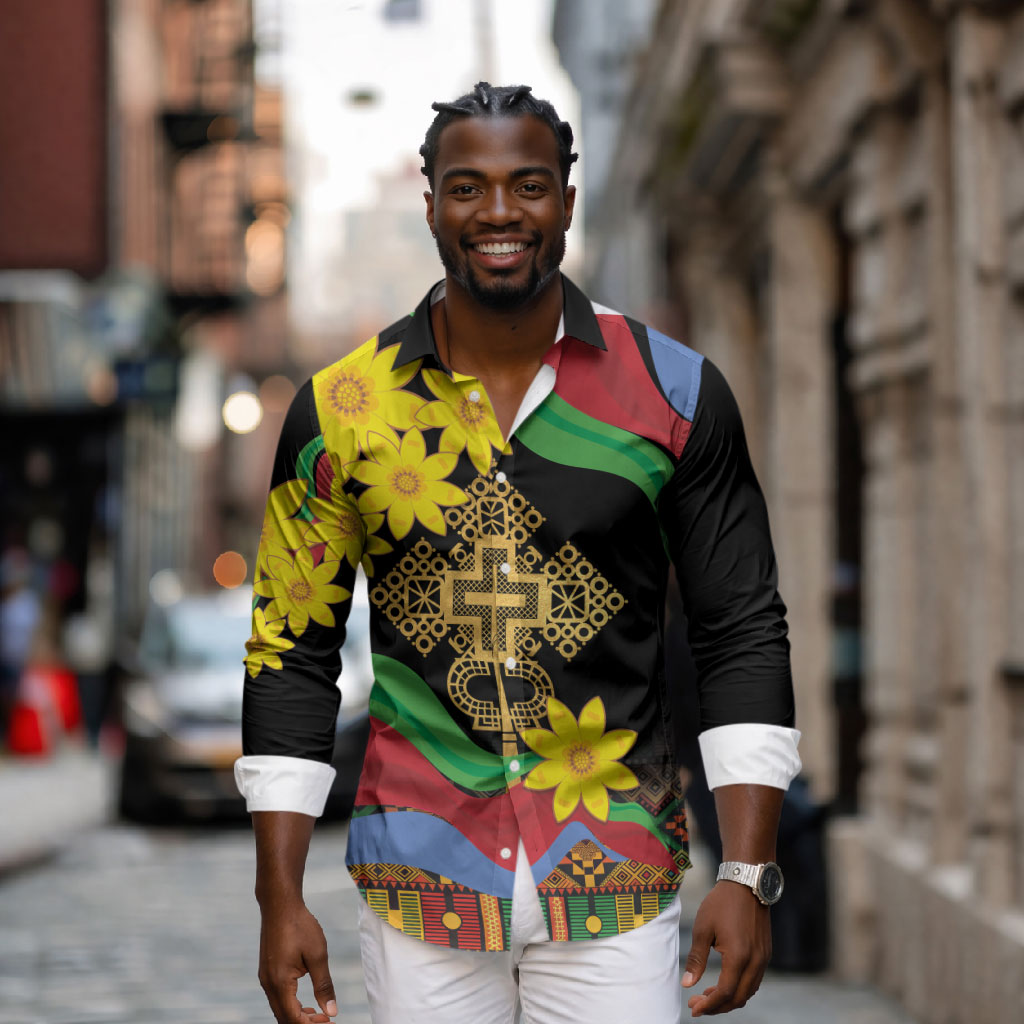 Eritrea Meskel Long Sleeve Button Shirt Eritrean Tribal Meskel Daisy Flag Inspired