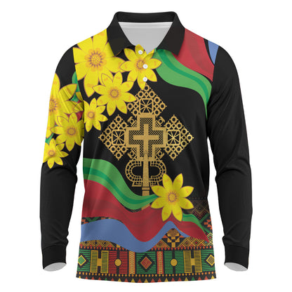 Eritrea Meskel Long Sleeve Polo Shirt Eritrean Tribal Meskel Daisy Flag Inspired