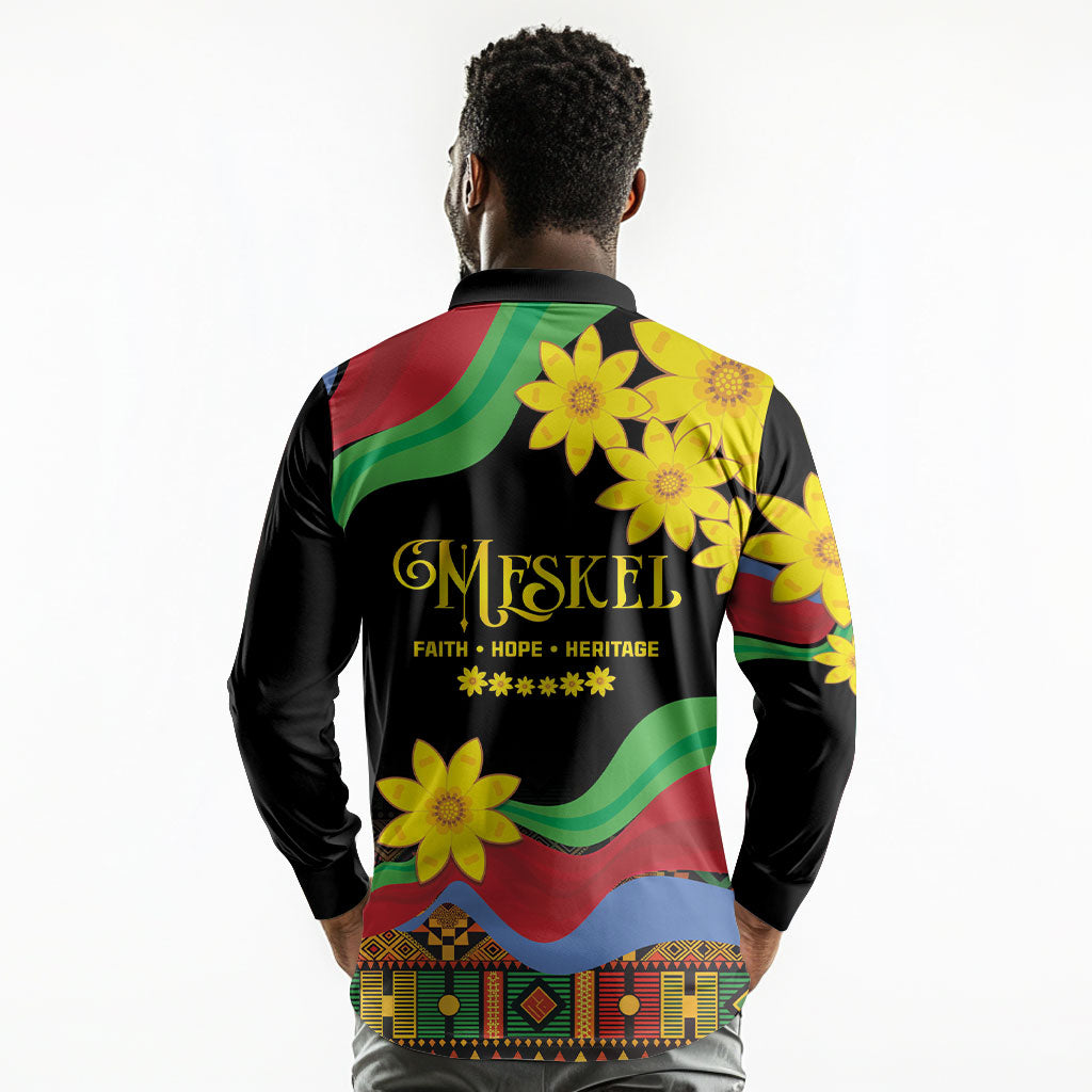 Eritrea Meskel Long Sleeve Polo Shirt Eritrean Tribal Meskel Daisy Flag Inspired