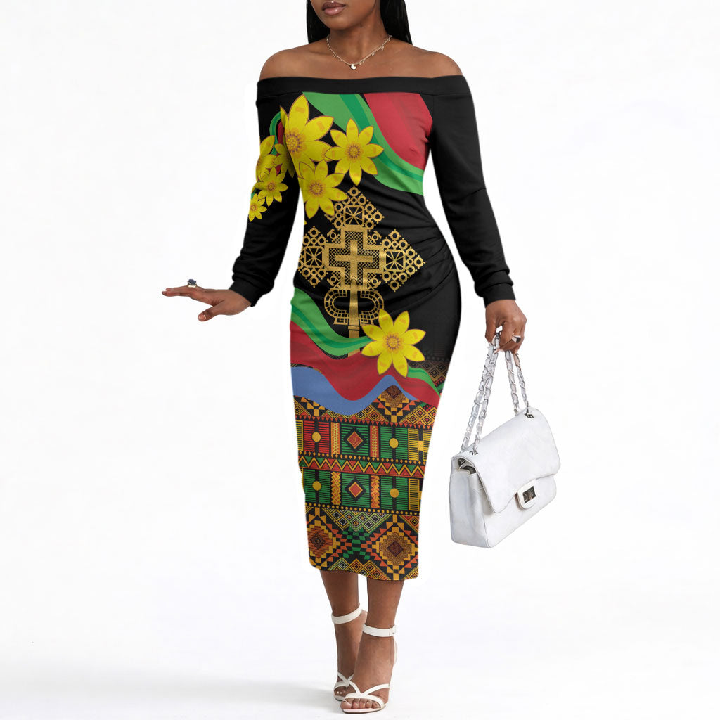 Eritrea Meskel Off The Shoulder Long Sleeve Dress Eritrean Tribal Meskel Daisy Flag Inspired