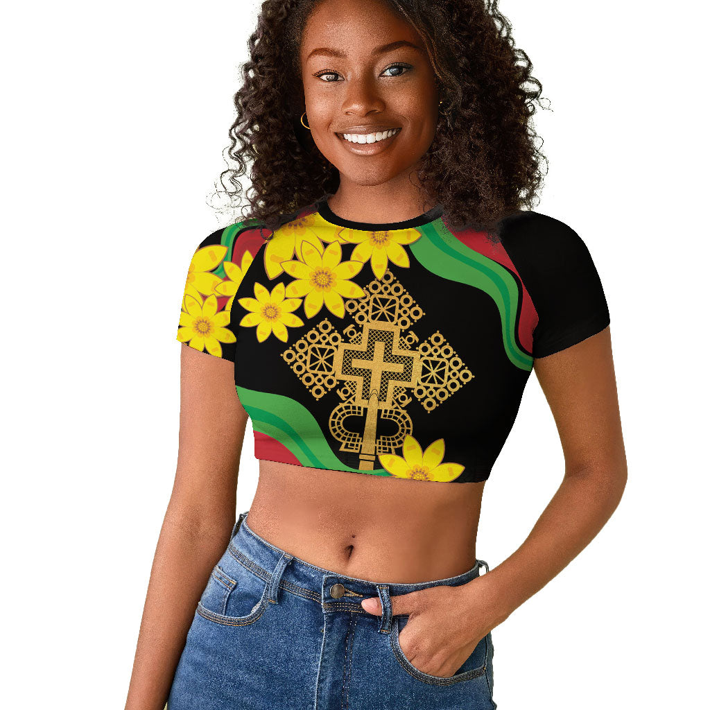 Eritrea Meskel Raglan Cropped T shirt Eritrean Tribal Meskel Daisy Flag Inspired