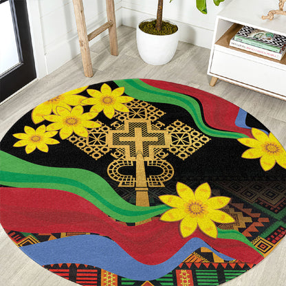 Eritrea Meskel Round Carpet Eritrean Tribal Meskel Daisy Flag Inspired