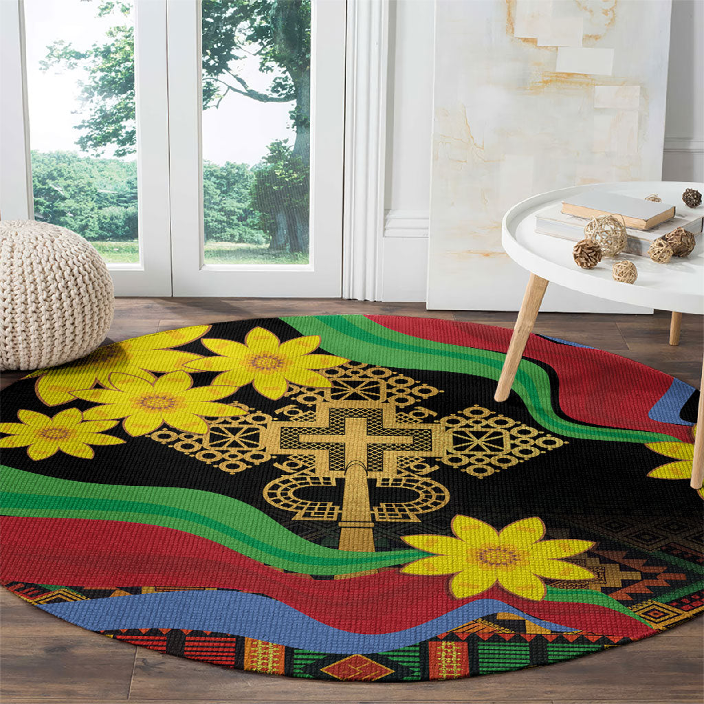 Eritrea Meskel Round Carpet Eritrean Tribal Meskel Daisy Flag Inspired