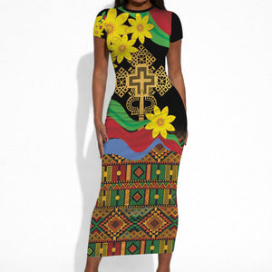 Eritrea Meskel Short Sleeve Bodycon Dress Eritrean Tribal Meskel Daisy Flag Inspired