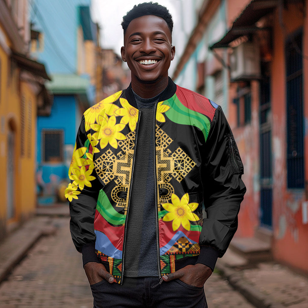 Eritrea Meskel Sleeve Zip Bomber Jacket Eritrean Tribal Meskel Daisy Flag Inspired