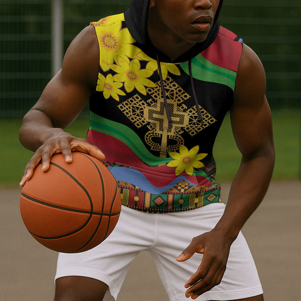 Eritrea Meskel Sleeveless Hoodie Eritrean Tribal Meskel Daisy Flag Inspired