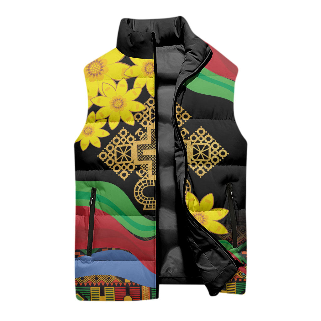 Eritrea Meskel Sleeveless Puffer Jacket Eritrean Tribal Meskel Daisy Flag Inspired