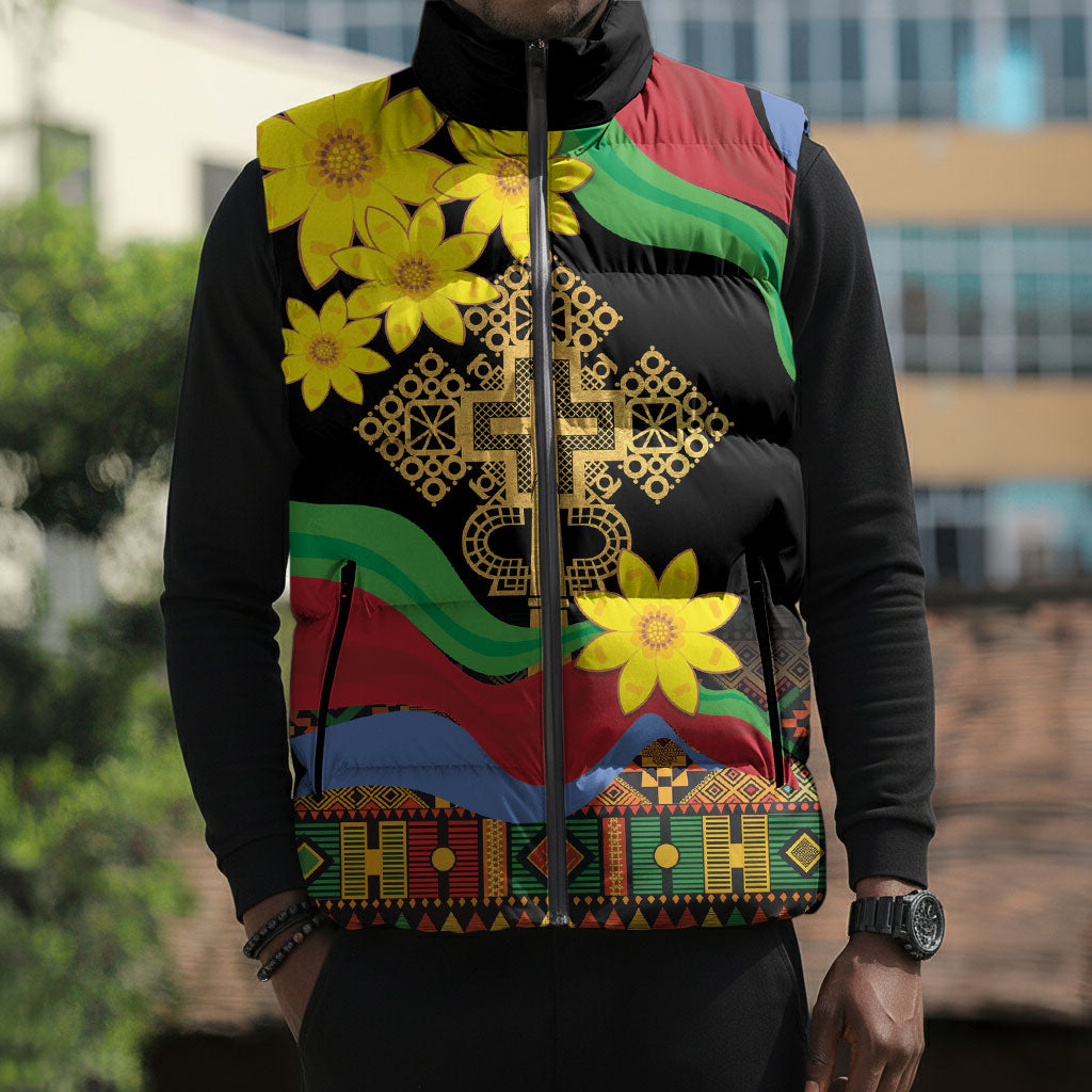 Eritrea Meskel Sleeveless Puffer Jacket Eritrean Tribal Meskel Daisy Flag Inspired
