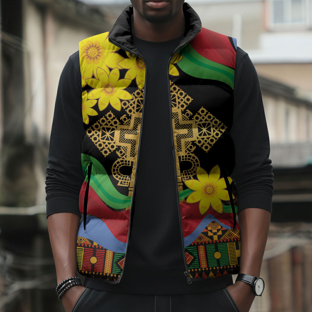 Eritrea Meskel Sleeveless Puffer Jacket Eritrean Tribal Meskel Daisy Flag Inspired
