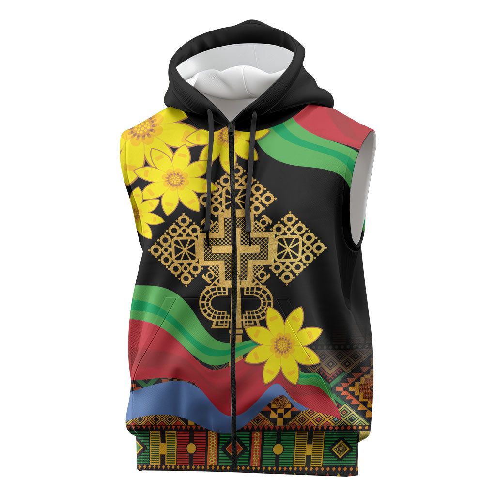 Eritrea Meskel Sleeveless Zip Hoodie Eritrean Tribal Meskel Daisy Flag Inspired