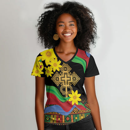 Eritrea Meskel Women V-Neck T-Shirt Eritrean Tribal Meskel Daisy Flag Inspired