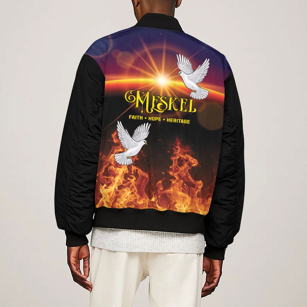 Eritrea Meskel Sleeve Zip Bomber Jacket Demera Cross Flames of Faith