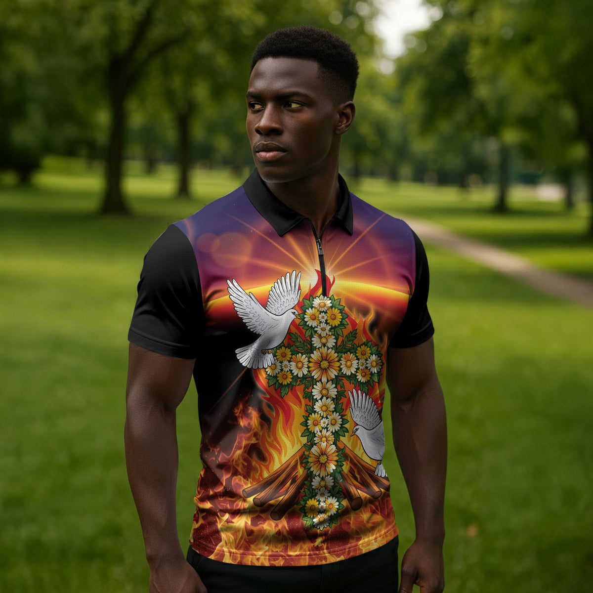 Eritrea Meskel Zipper Polo Shirt Demera Cross Flames of Faith