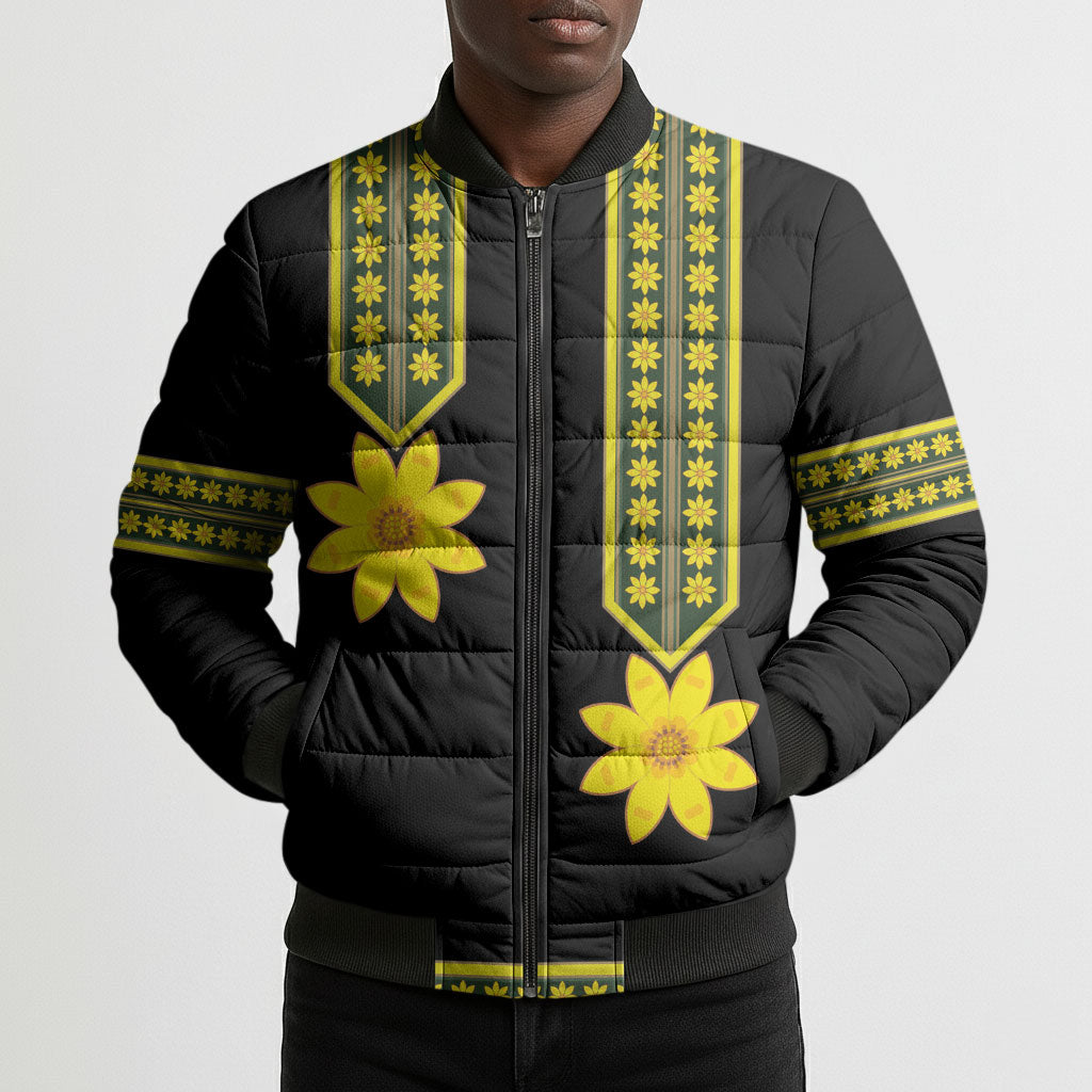 Ethiopian Enkutatash Bomber Puffer Jacket Black Adey Flower Tilet Habesha Inspired