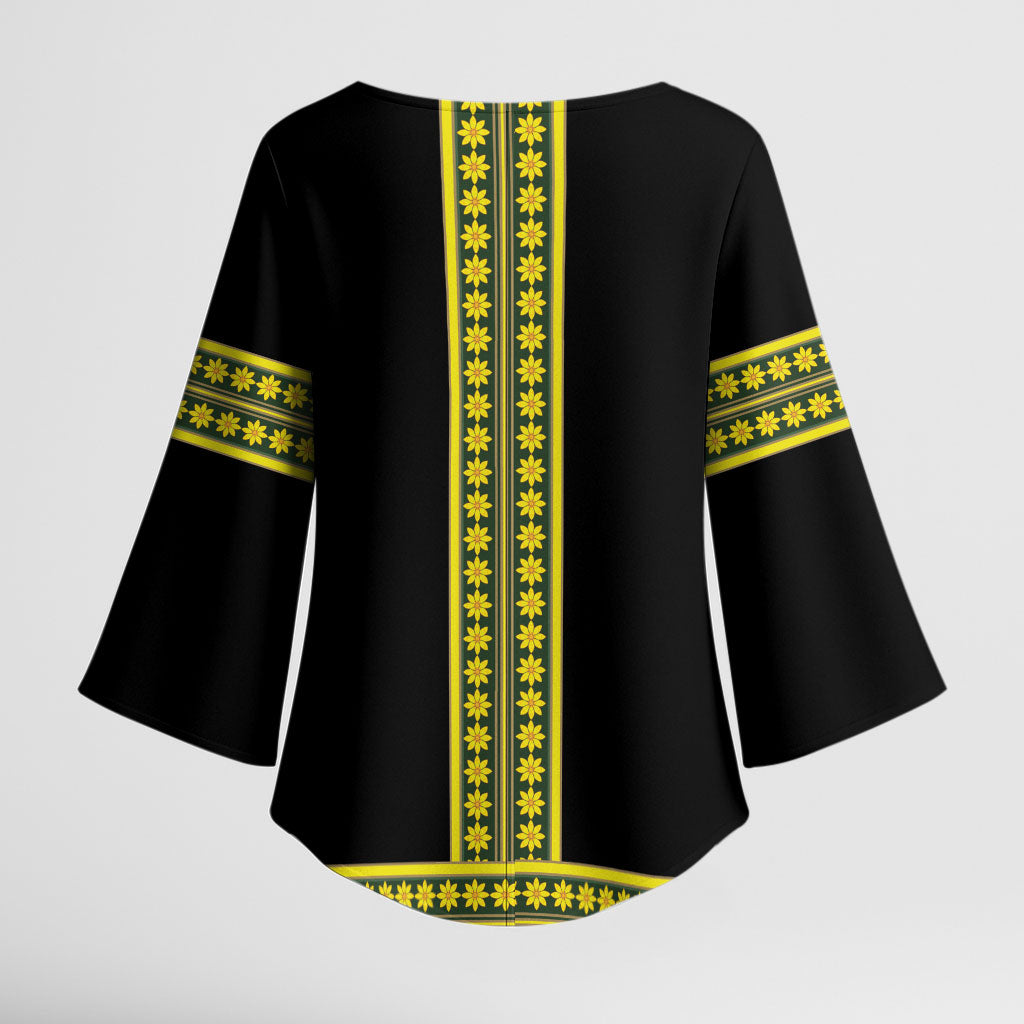 Ethiopian Enkutatash Kimono Sleeve Blouse Black Adey Flower Tilet Habesha Inspired