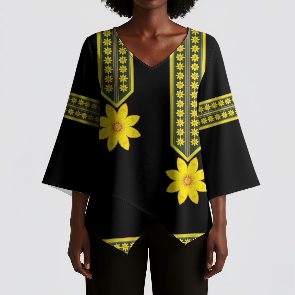 Ethiopian Enkutatash Kimono Sleeve Blouse Black Adey Flower Tilet Habesha Inspired