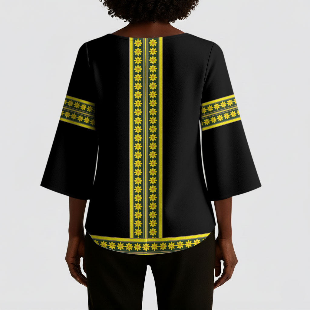 Ethiopian Enkutatash Kimono Sleeve Blouse Black Adey Flower Tilet Habesha Inspired