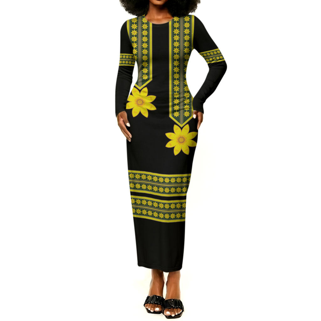Ethiopian Enkutatash Long Sleeve Bodycon Dress Black Adey Flower Tilet Habesha Inspired