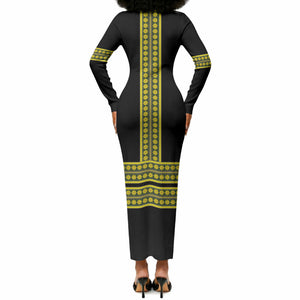 Ethiopian Enkutatash Long Sleeve Bodycon Dress Black Adey Flower Tilet Habesha Inspired