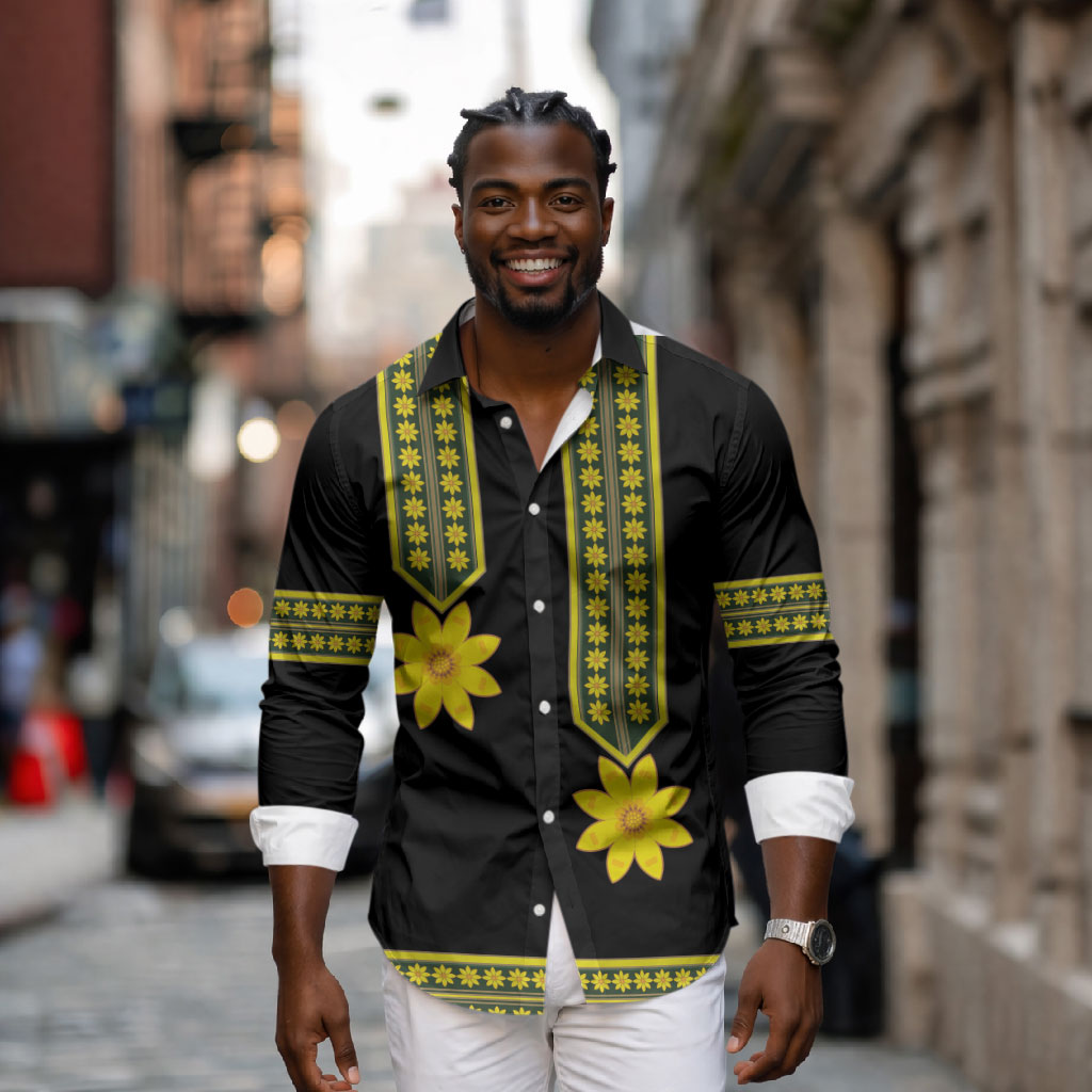 Ethiopian Enkutatash Long Sleeve Button Shirt Black Adey Flower Tilet Habesha Inspired