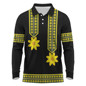 Ethiopian Enkutatash Long Sleeve Polo Shirt Black Adey Flower Tilet Habesha Inspired