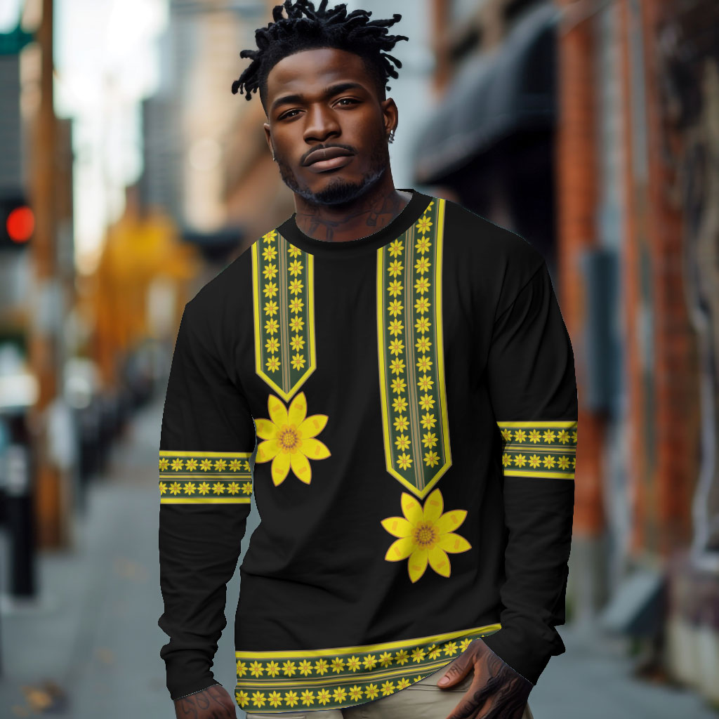 Ethiopian Enkutatash Long Sleeve Shirt Black Adey Flower Tilet Habesha Inspired