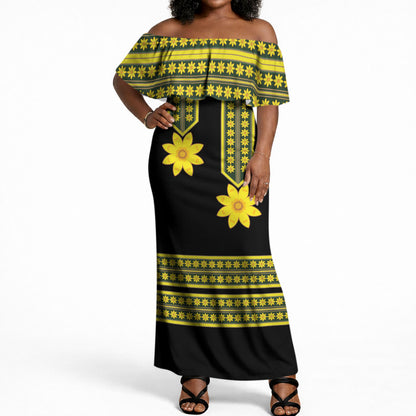 Ethiopian Enkutatash Off Shoulder Maxi Dress Black Adey Flower Tilet Habesha Inspired