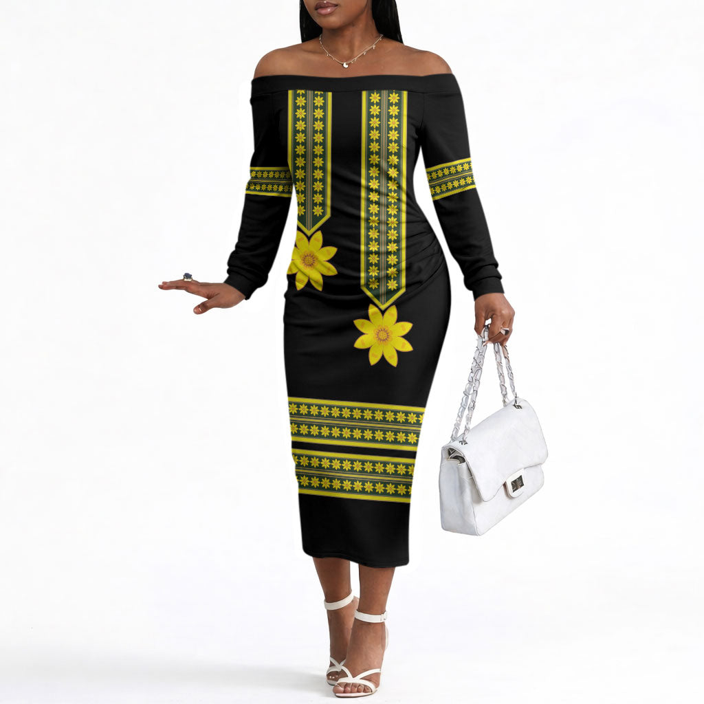 Ethiopian Enkutatash Off The Shoulder Long Sleeve Dress Black Adey Flower Tilet Habesha Inspired