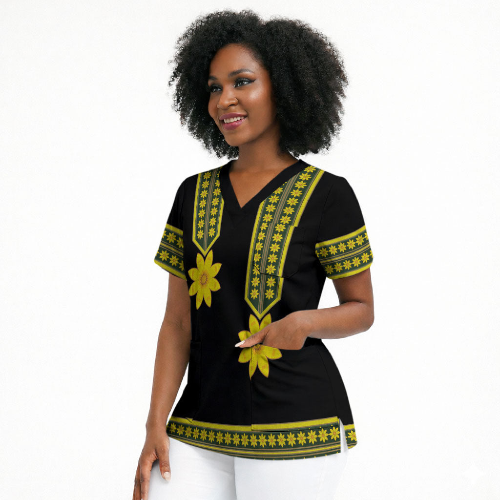 Ethiopian Enkutatash Scrub Top Black Adey Flower Tilet Habesha Inspired
