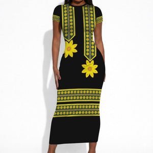 Ethiopian Enkutatash Short Sleeve Bodycon Dress Black Adey Flower Tilet Habesha Inspired