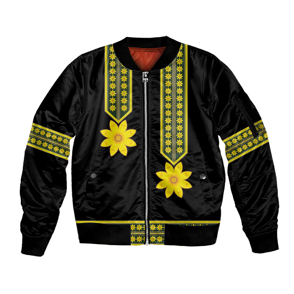 Ethiopian Enkutatash Sleeve Zip Bomber Jacket Black Adey Flower Tilet Habesha Inspired