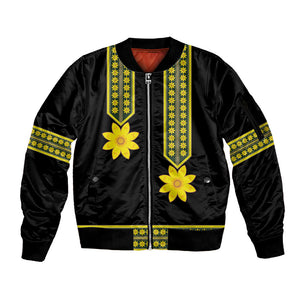 Ethiopian Enkutatash Sleeve Zip Bomber Jacket Black Adey Flower Tilet Habesha Inspired