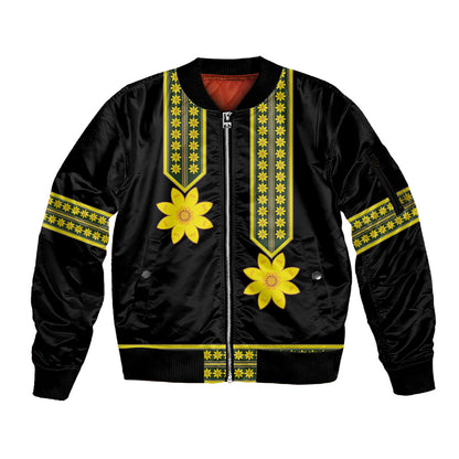Ethiopian Enkutatash Sleeve Zip Bomber Jacket Black Adey Flower Tilet Habesha Inspired