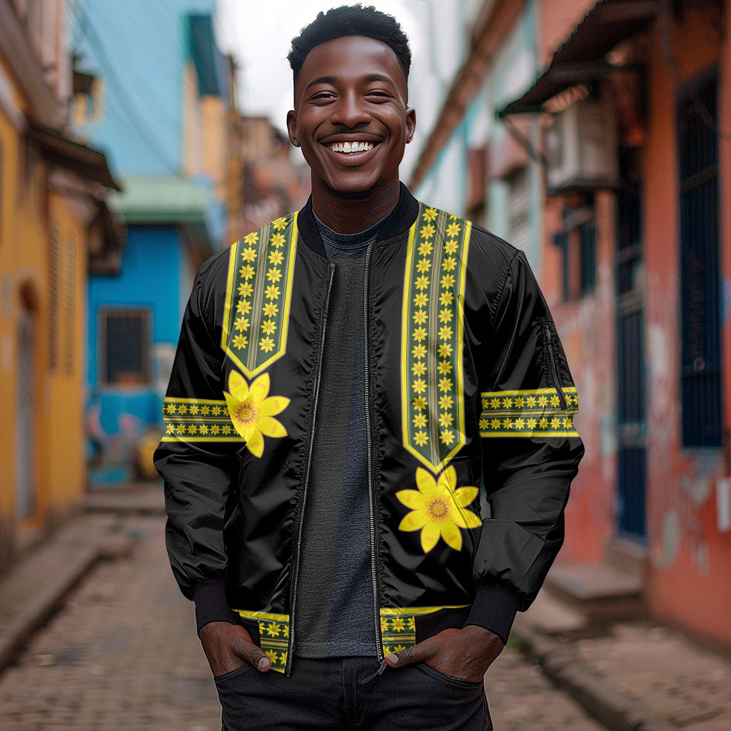Ethiopian Enkutatash Sleeve Zip Bomber Jacket Black Adey Flower Tilet Habesha Inspired
