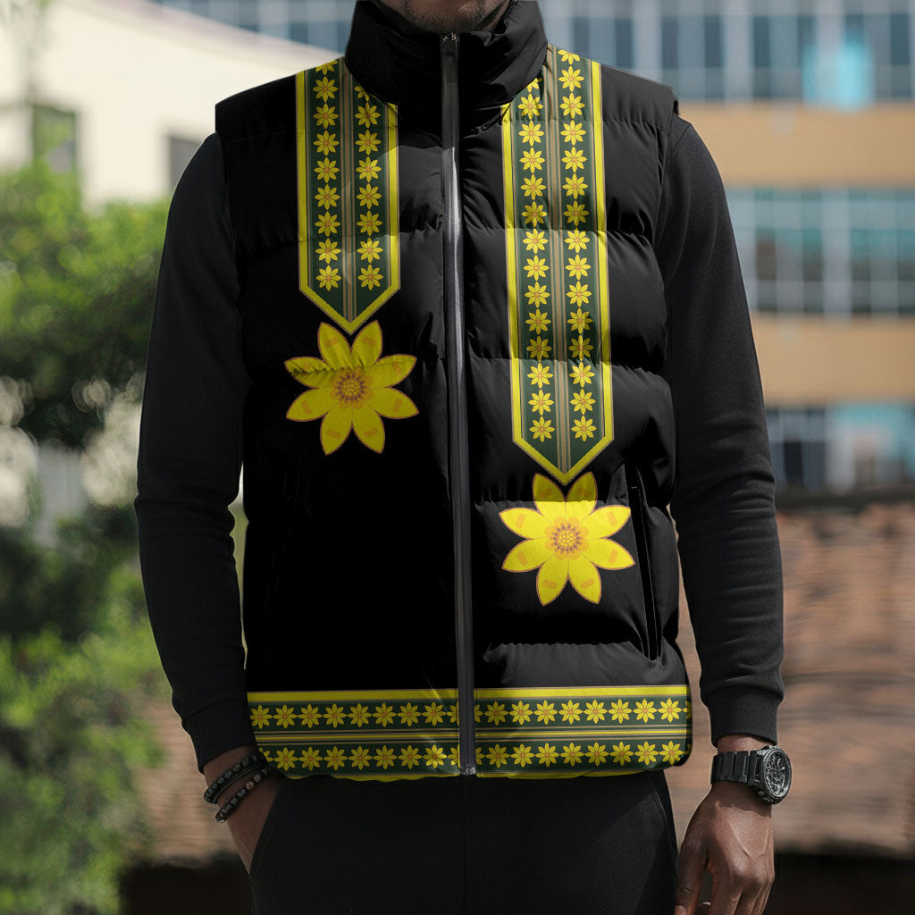 Ethiopian Enkutatash Sleeveless Puffer Jacket Black Adey Flower Tilet Habesha Inspired