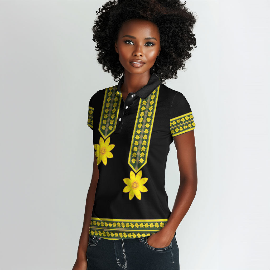 Ethiopian Enkutatash Women Polo Shirt Black Adey Flower Tilet Habesha Inspired