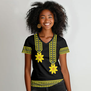 Ethiopian Enkutatash Women V-Neck T-Shirt Black Adey Flower Tilet Habesha Inspired