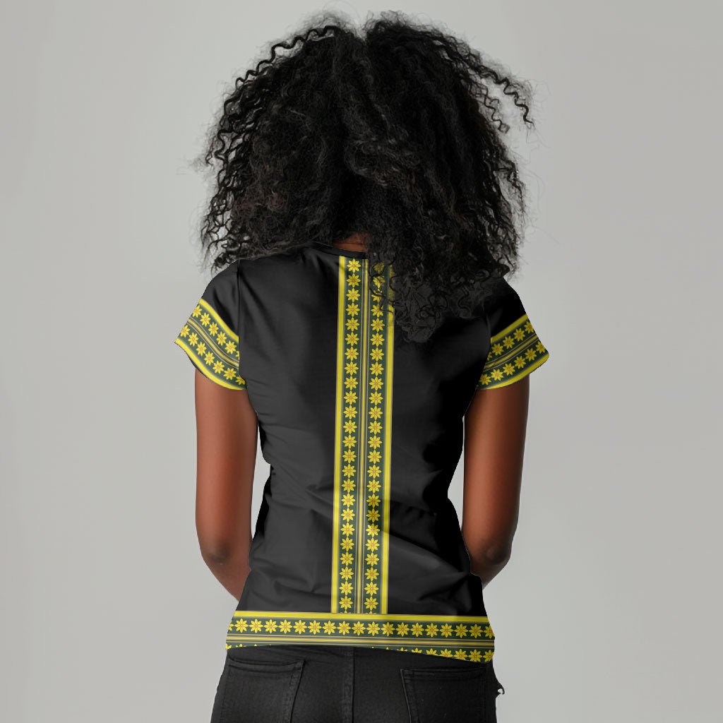 Ethiopian Enkutatash Women V-Neck T-Shirt Black Adey Flower Tilet Habesha Inspired