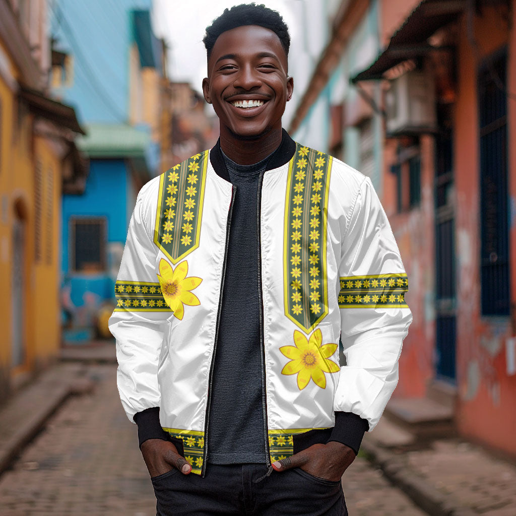 Ethiopian Enkutatash Bomber Jacket White Adey Flower Tilet Habesha Inspired