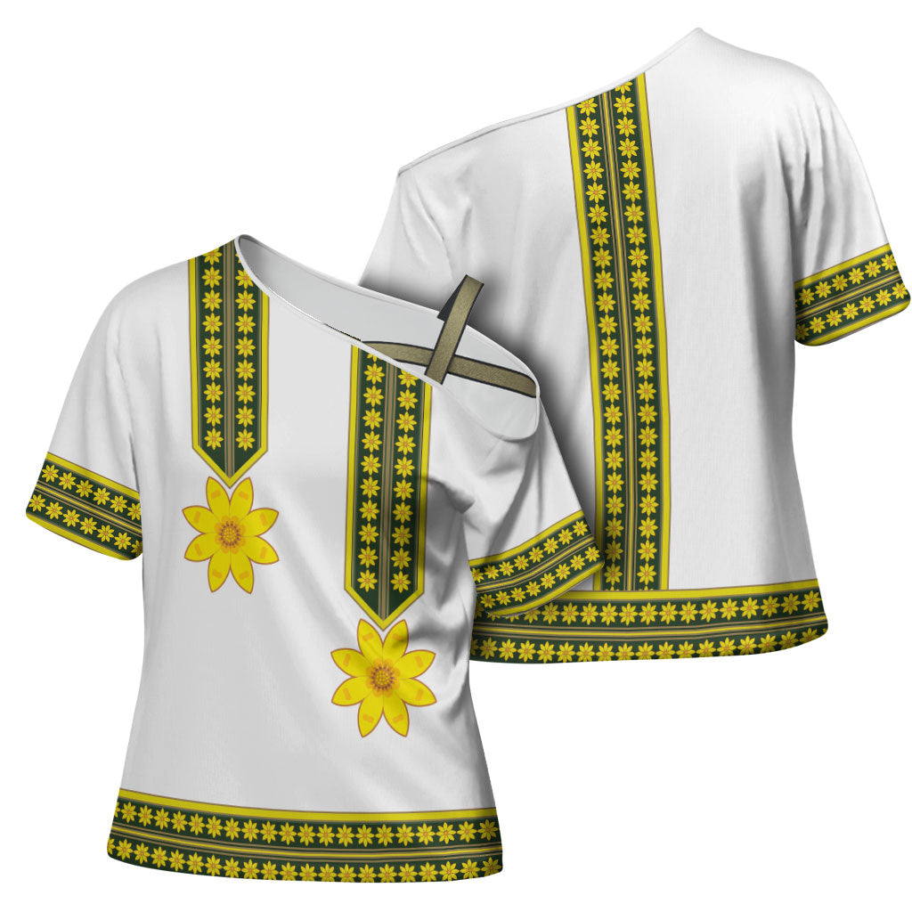 Ethiopian Enkutatash Cross Shoulder Shirt White Adey Flower Tilet Habesha Inspired