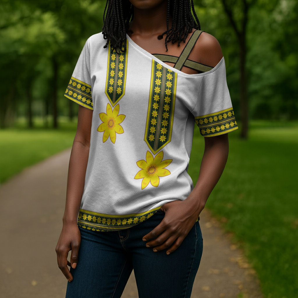 Ethiopian Enkutatash Cross Shoulder Shirt White Adey Flower Tilet Habesha Inspired