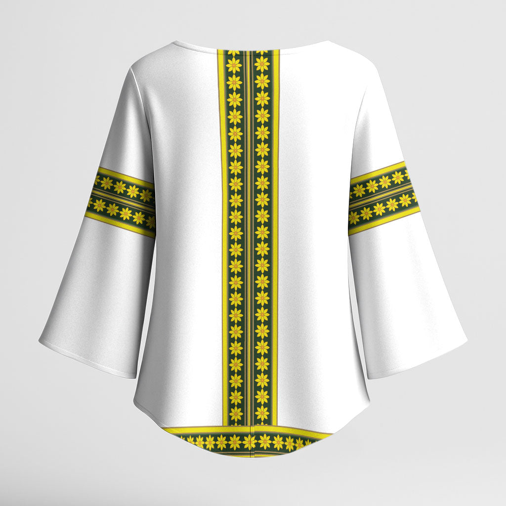 Ethiopian Enkutatash Kimono Sleeve Blouse White Adey Flower Tilet Habesha Inspired