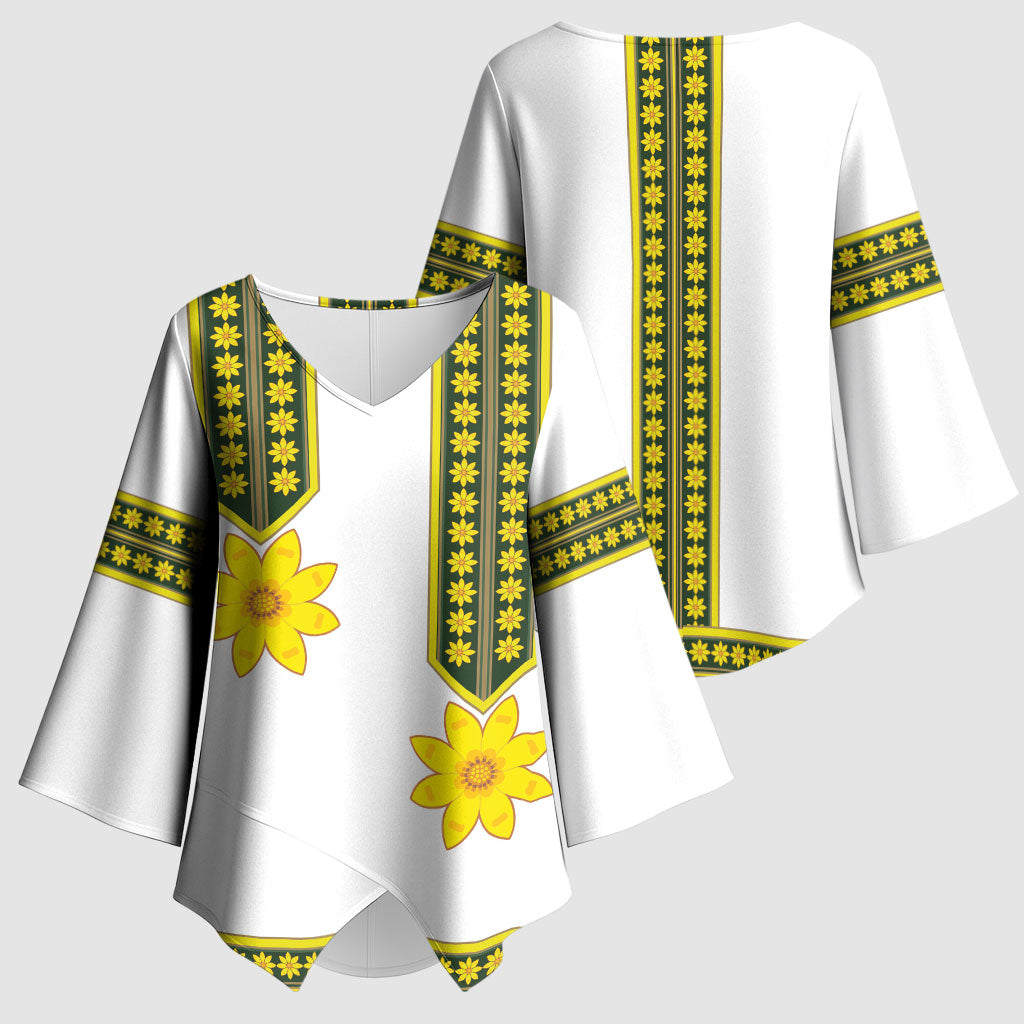 Ethiopian Enkutatash Kimono Sleeve Blouse White Adey Flower Tilet Habesha Inspired
