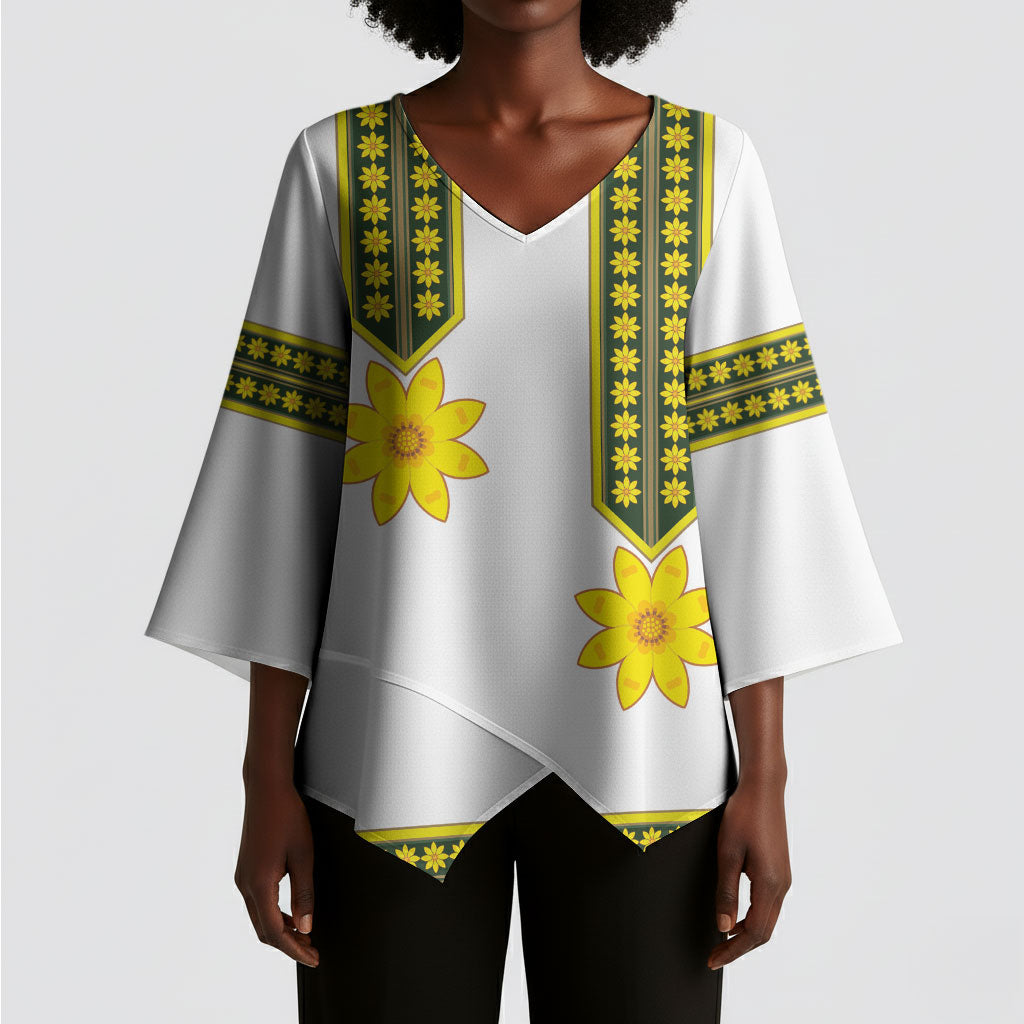 Ethiopian Enkutatash Kimono Sleeve Blouse White Adey Flower Tilet Habesha Inspired